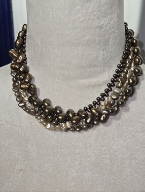 Freshwater Pearls Sterling Silver 925 Multi-Strand Necklace in Bronze and Cream